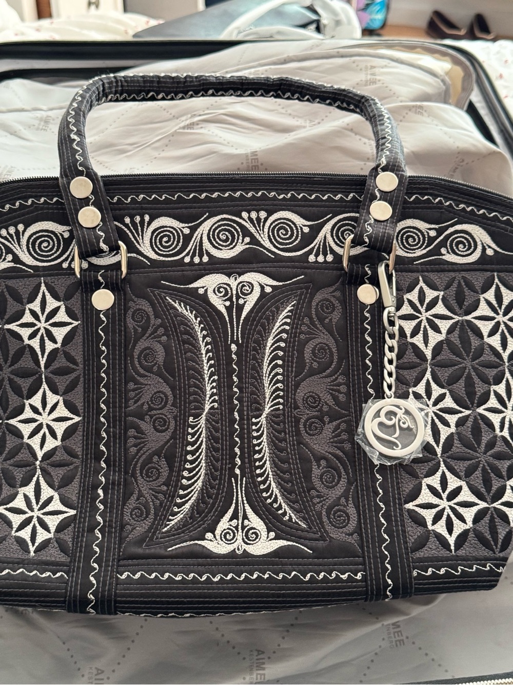Black Embroidered Tote Bag with White Detailing - Picture 3 of 3